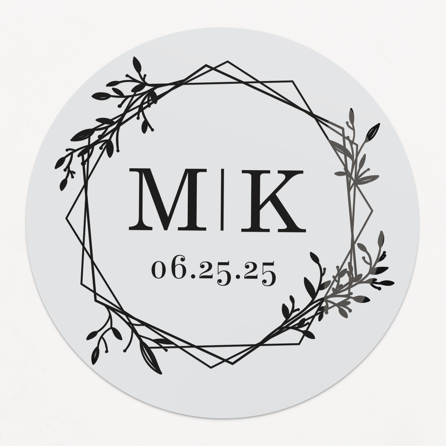 Minimalistic personalized wedding sticker with monograms, date, and floral frame on clear background