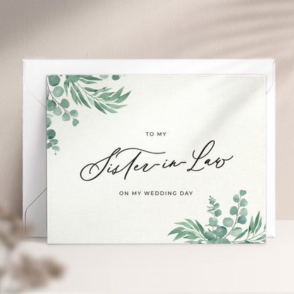 To my sister-in-law on my wedding day note card in greenery design with eucalyptus leaves and calligraphy font from XOXOKristen.