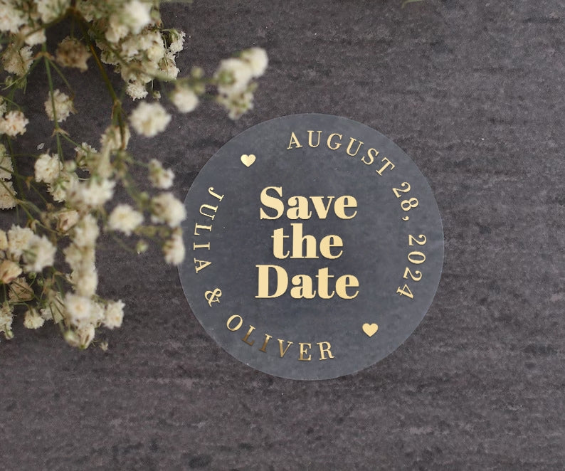Chic 'Save the Date' round sticker with hearts and customizable date and names in foiled text