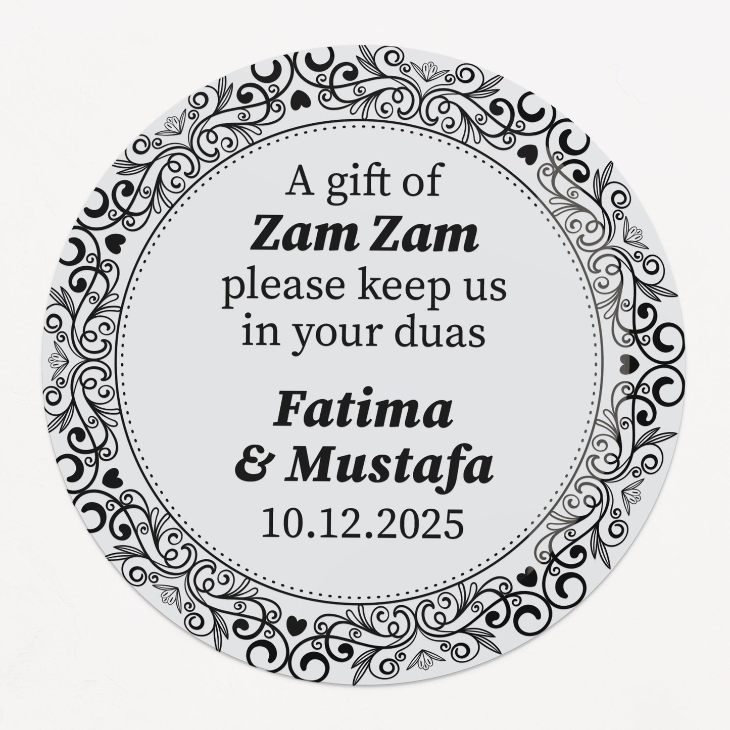 Personalized gold-foil Zam Zam water gift sticker with names and event date