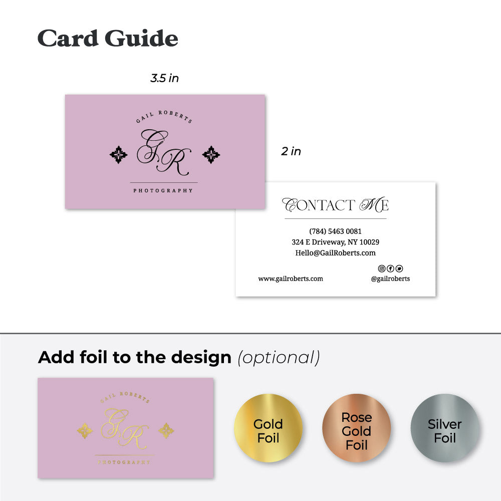 Personalized business cards from XOXOKristen, showcasing elegant monogram design and a variety of luxurious foil text options.