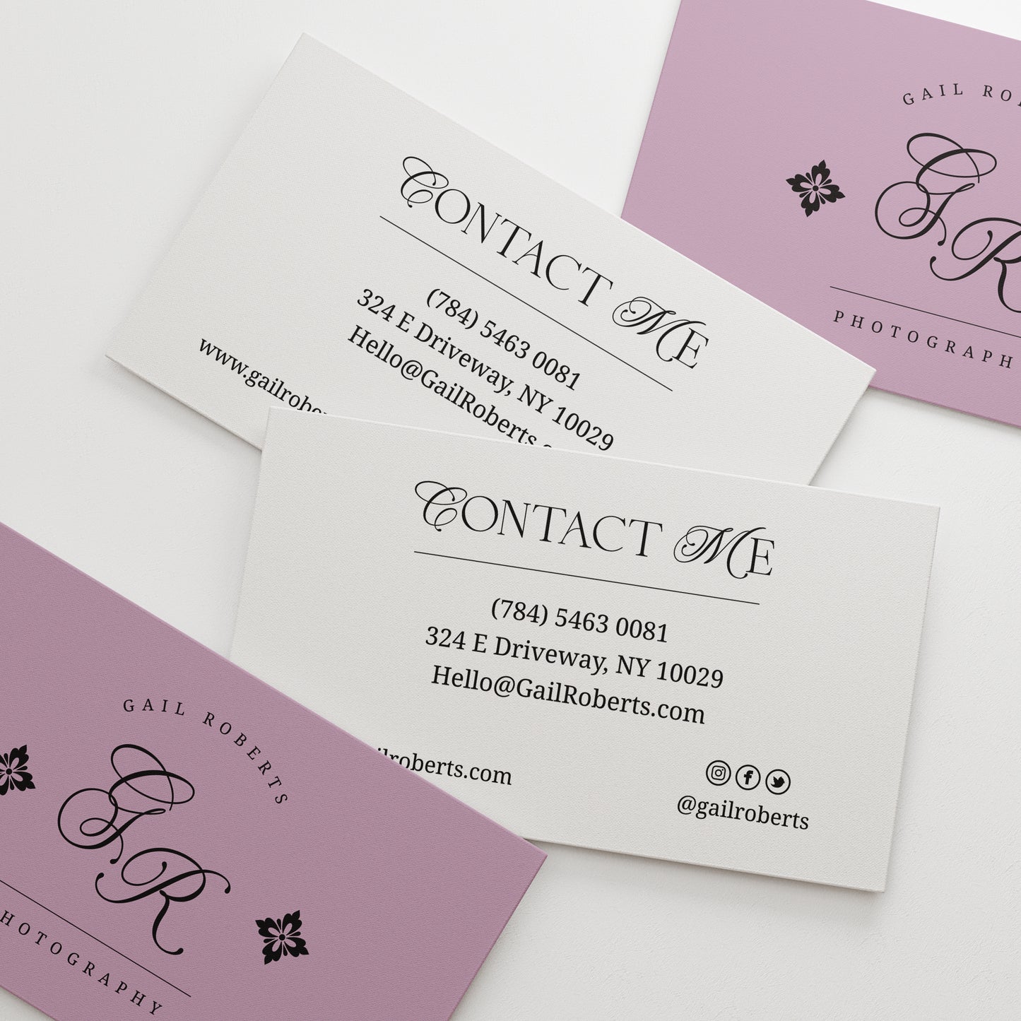 Personalized business cards from XOXOKristen, showcasing elegant monogram design and a variety of luxurious foil text options.