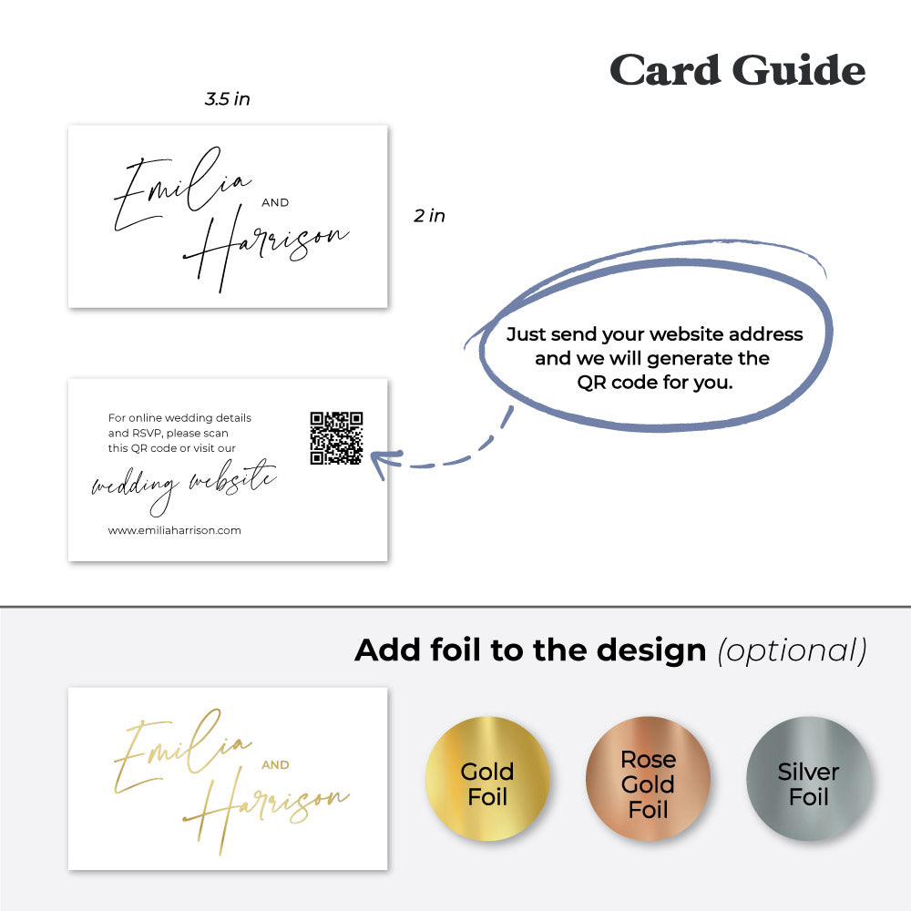 Elegant personalized wedding website cards from XOXOKristen, featuring modern calligraphy and a convenient QR code.
