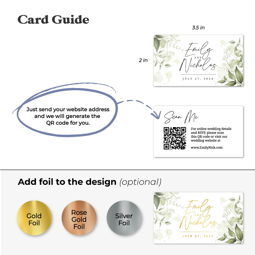 Image of Personalized Wedding Website Card with modern calligraphy and greenery floral design