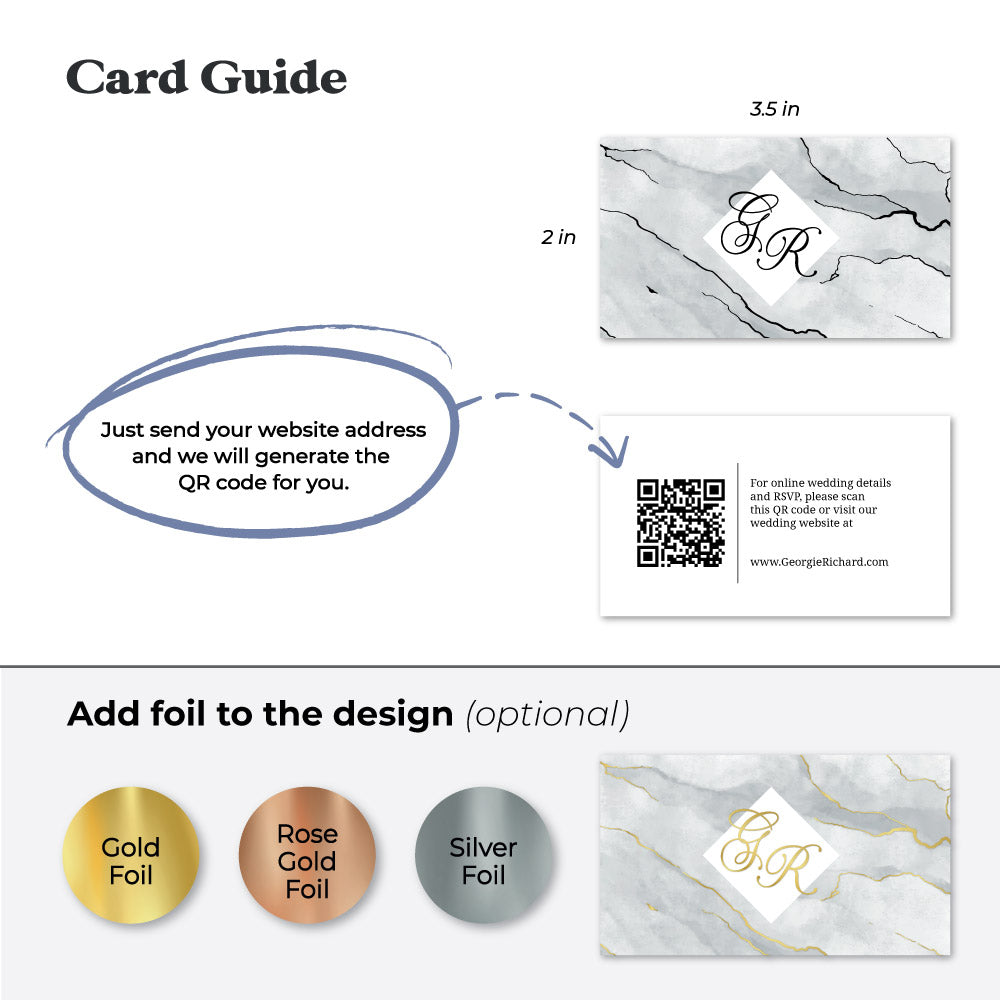 Stylish personalized wedding website cards from XOXOKristen, featuring a modern marble design, elegant calligraphy, and a QR code for easy access to wedding details.