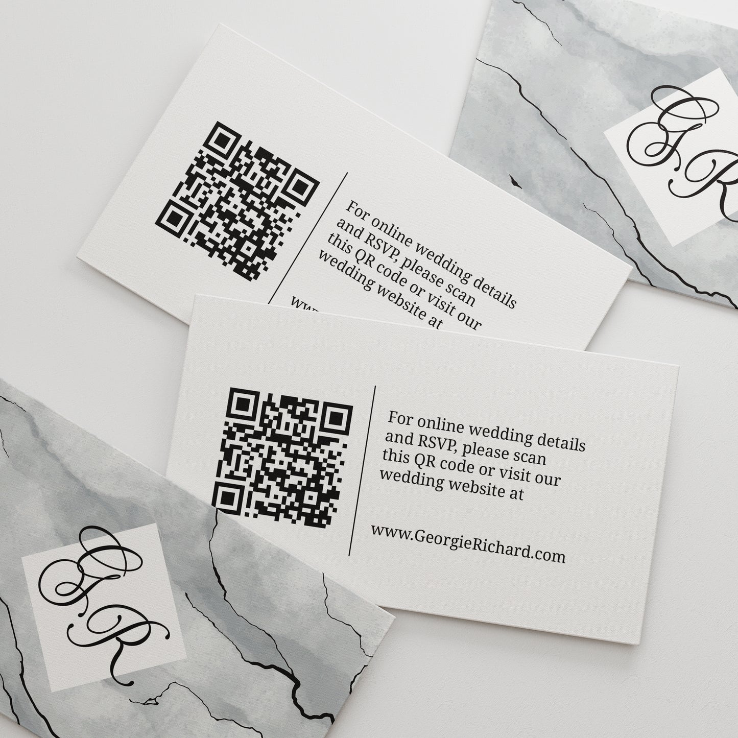 Stylish personalized wedding website cards from XOXOKristen, featuring a modern marble design, elegant calligraphy, and a QR code for easy access to wedding details.