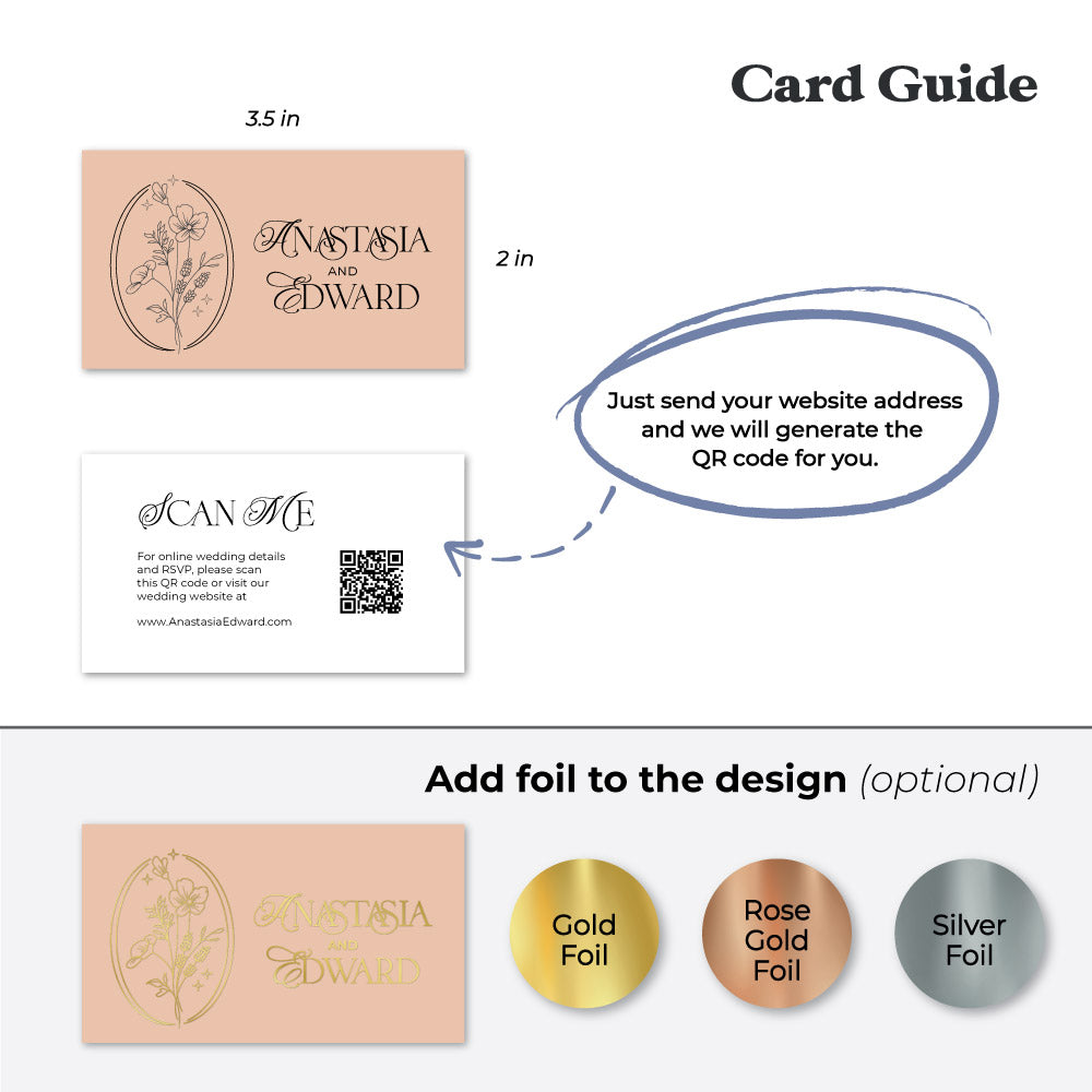 Luxury floral personalized wedding website cards from XOXOKristen, featuring a QR code, stylish calligraphy, and a variety of foil text printing options.