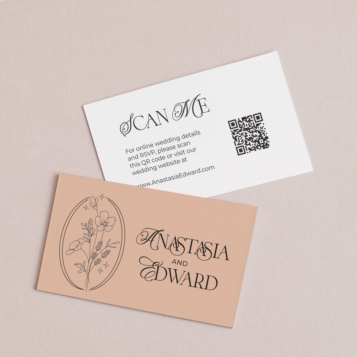 Luxury floral personalized wedding website cards from XOXOKristen, featuring a QR code, stylish calligraphy, and a variety of foil text printing options.