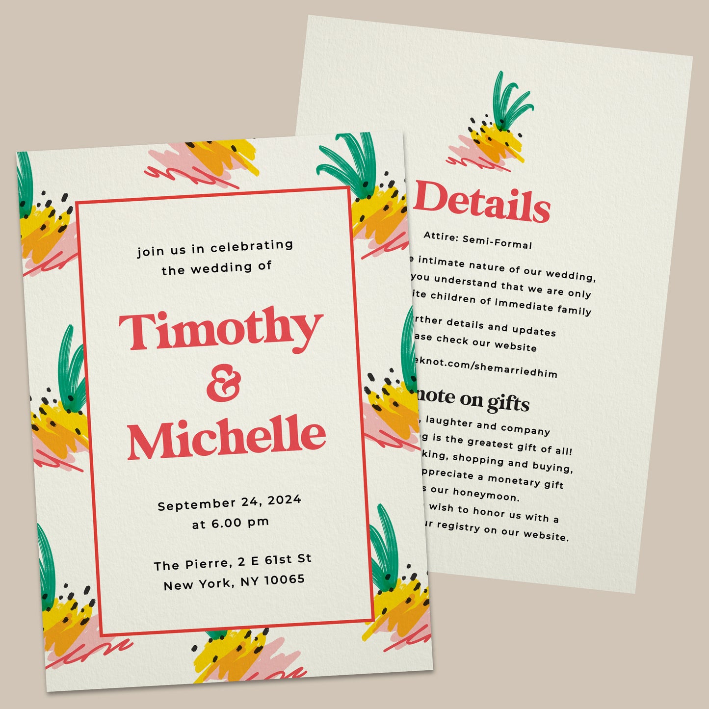 colorful wedding invitations with summer tropical design with abstract pineapples - XOXOKristen