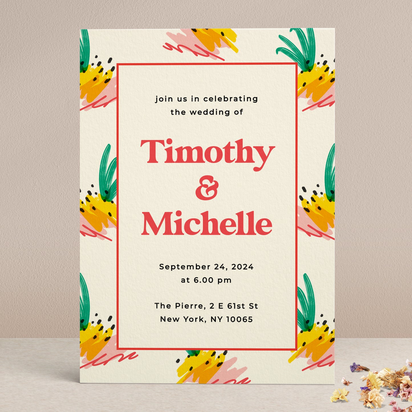 colorful wedding invitations with summer tropical design with abstract pineapples - XOXOKristen