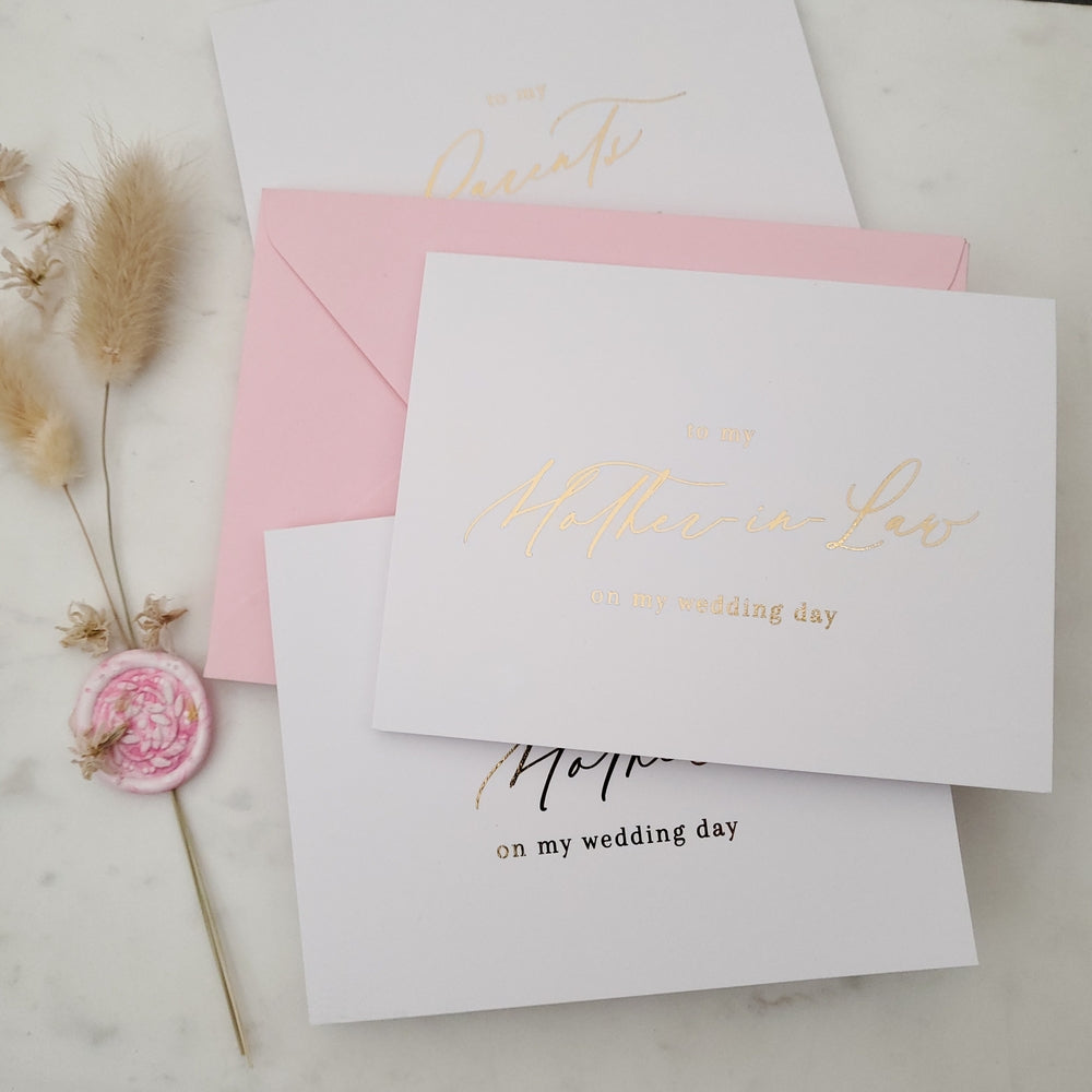 to my mother in law on my wedding day note card with gold calligraphy - XOXOKristen
