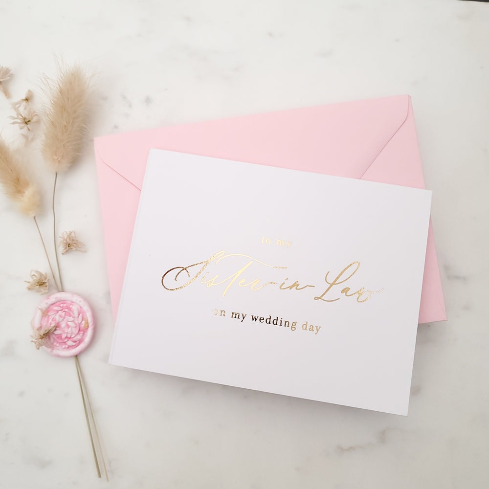 to my sister-in-law on my wedding day note card with gold calligraphy - XOXOKristen