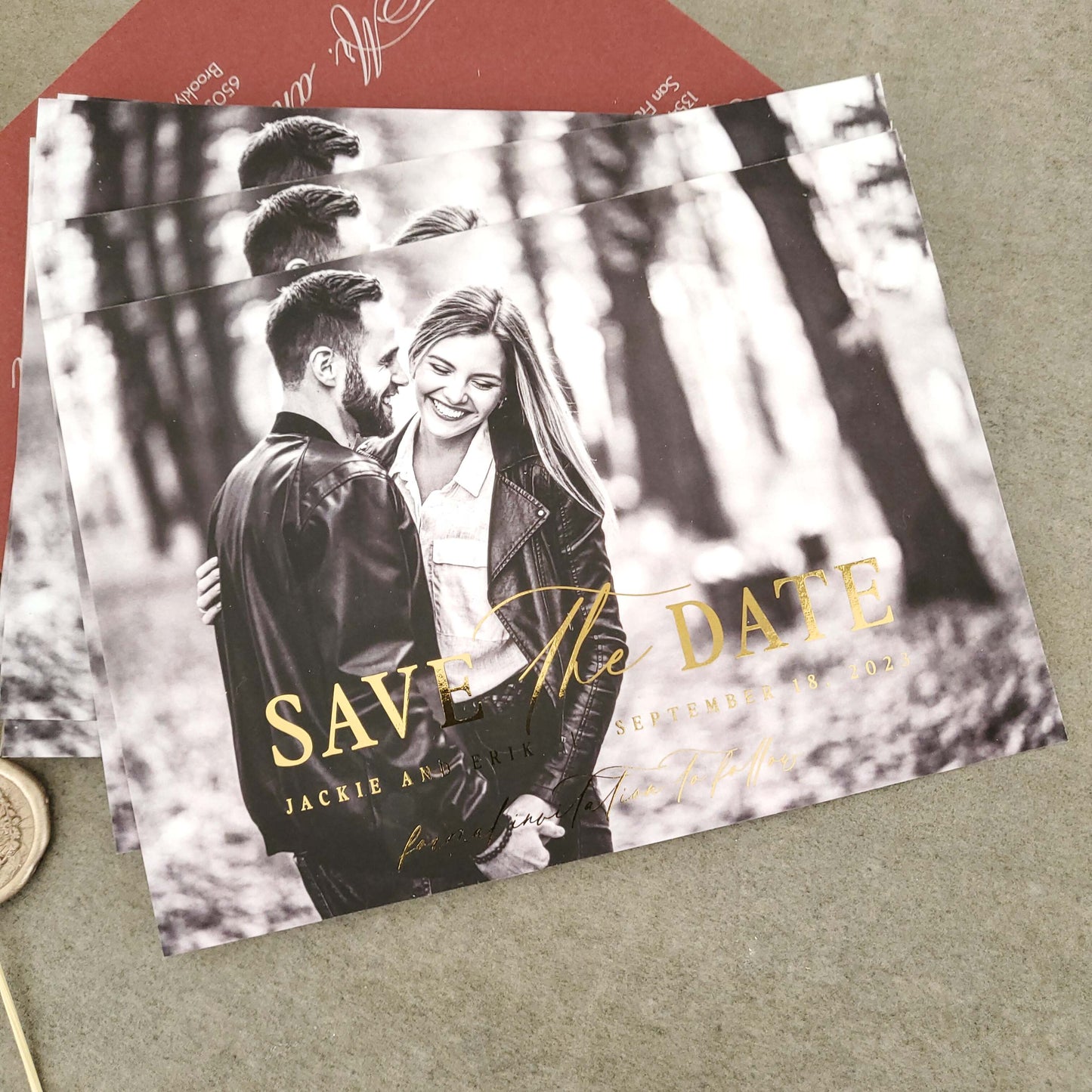 wedding save the date card with gold foiled text and custom picture - XOXOKristen