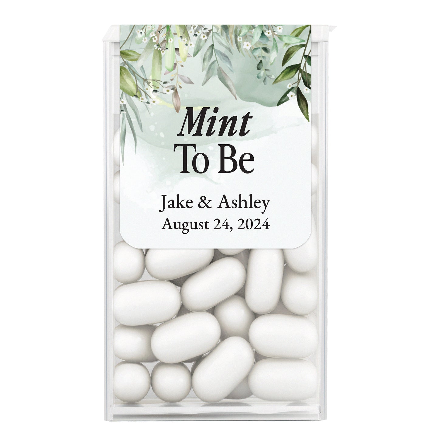 Enchanting Mint to Be stickers for Tic Tac boxes, featuring elegant greenery-colored backdrop with delicate floral branches and refined calligraphy, perfect for fairy tale-inspired wedding favors.