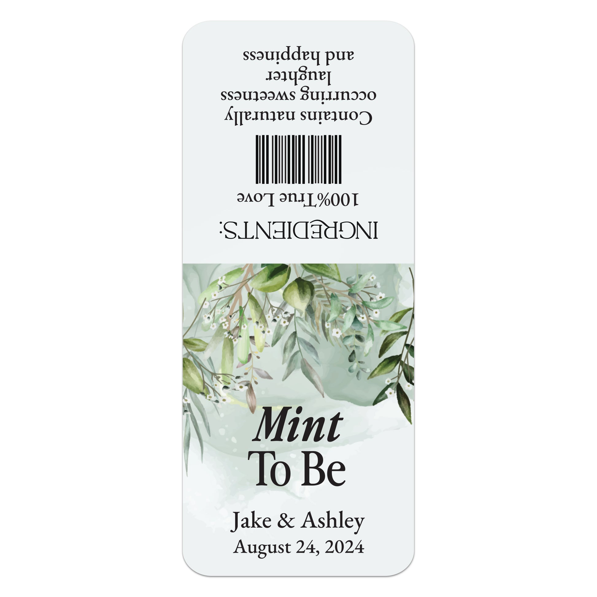 Enchanting Mint to Be stickers for Tic Tac boxes, featuring elegant greenery-colored backdrop with delicate floral branches and refined calligraphy, perfect for fairy tale-inspired wedding favors.
