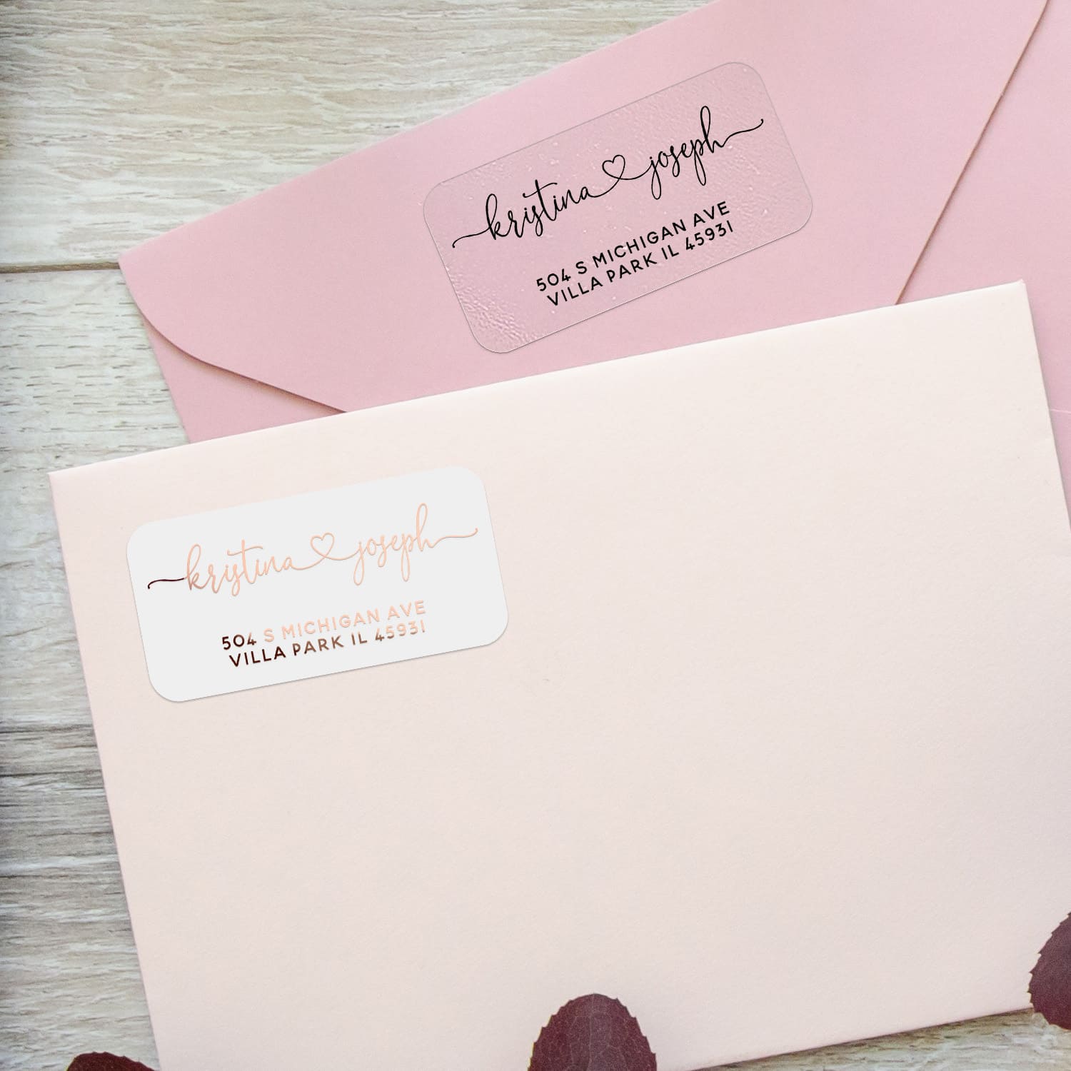 XOXOKristen gold foil personalized address label sheet with elegant script and sans serif font, applied on navy blue envelope - XOXOKristen
