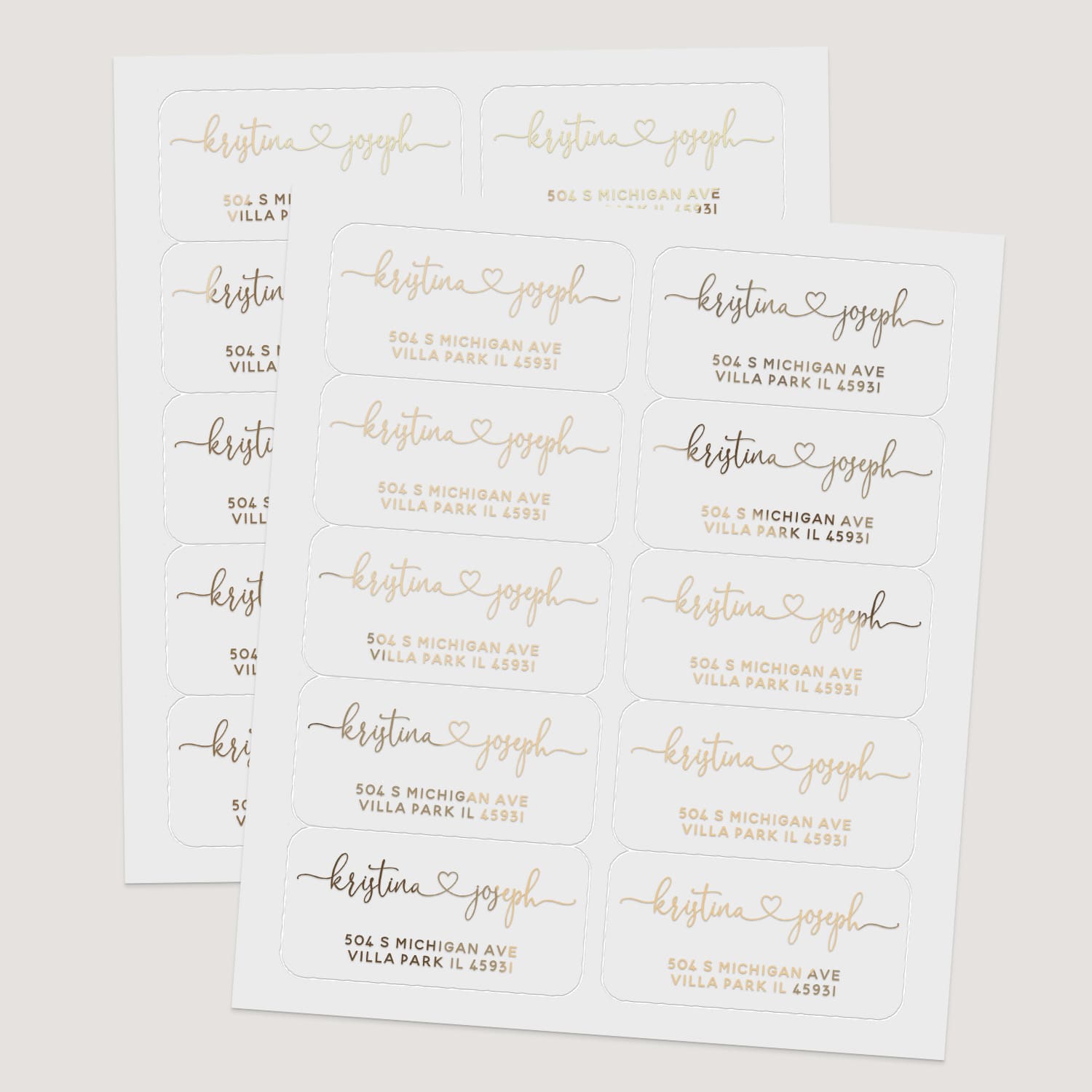 XOXOKristen sheet of personalized address labels in gold foil, perfect for wedding invitations and party stationery - XOXOKristen