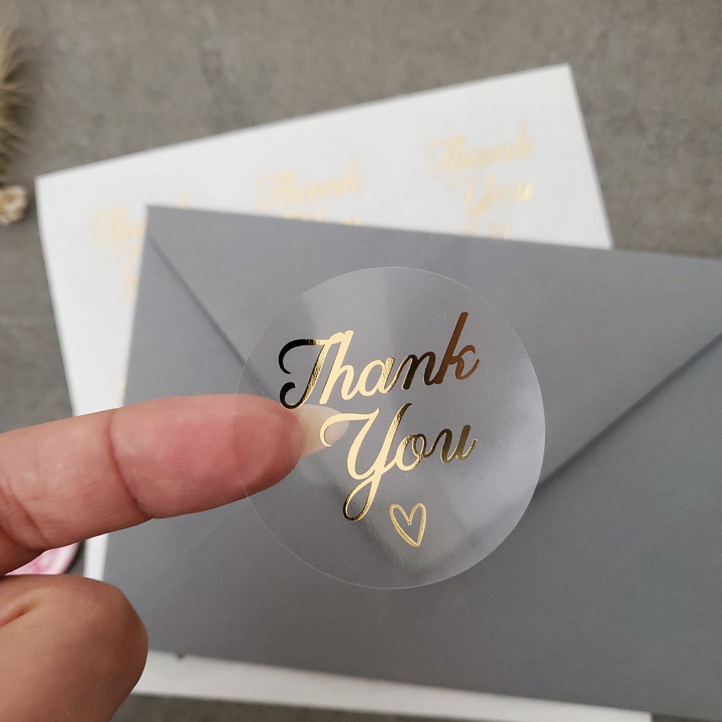 gold foiled thank you labels with little heart on a clear sticker - XOXOKristen
