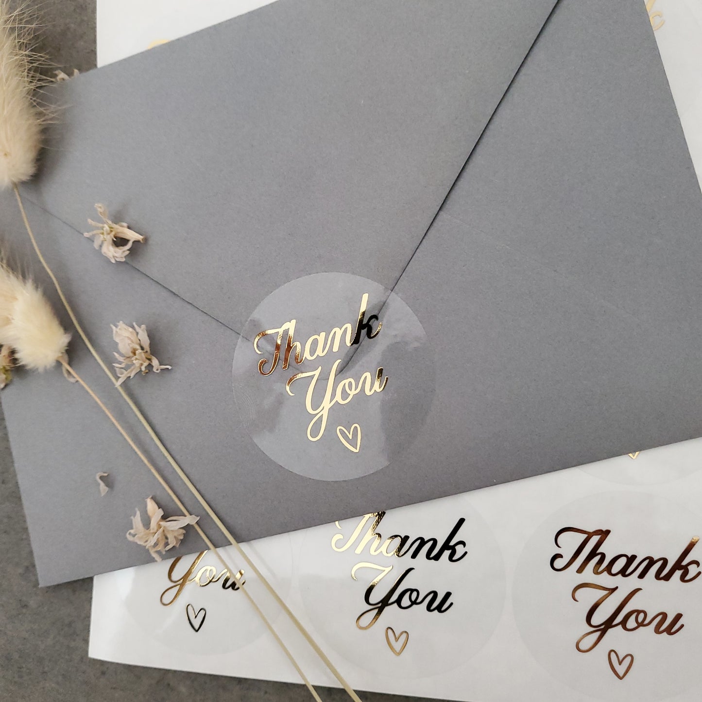 gold foiled thank you labels with little heart on a clear sticker - XOXOKristen