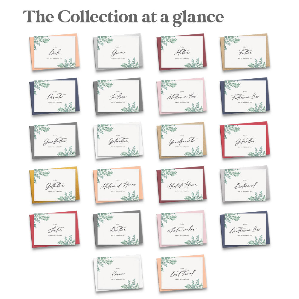 āTo my⦠on my wedding dayā note cards collection in greenery design with eucalyptus leaves and calligraphy font from XOXOKristen.