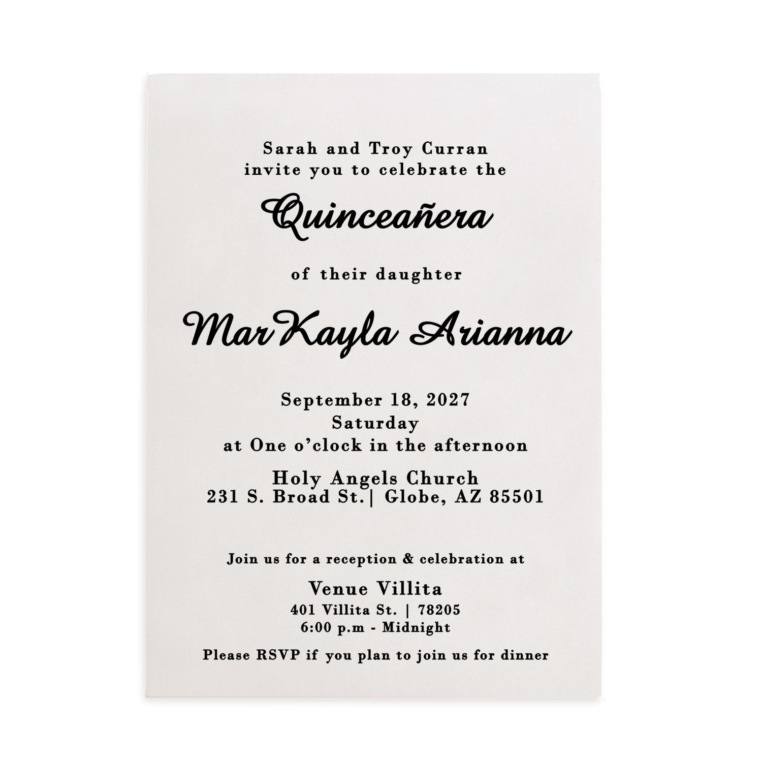 XOXOKristen personalized vellum quinceañera invitation featuring elegant black ink typography printed on translucent frosted vellum cardstock. The design displays graceful calligraphy for the word “Quinceañera” with refined serif fonts for the event details. Perfect for 15th birthday celebrations, the minimalist layout exudes timeless sophistication, ideal for modern and classic quinceañera themes alike - XOXOKristen