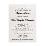 XOXOKristen personalized vellum quinceañera invitation featuring elegant black ink typography printed on translucent frosted vellum cardstock. The design displays graceful calligraphy for the word “Quinceañera” with refined serif fonts for the event details. Perfect for 15th birthday celebrations, the minimalist layout exudes timeless sophistication, ideal for modern and classic quinceañera themes alike - XOXOKristen