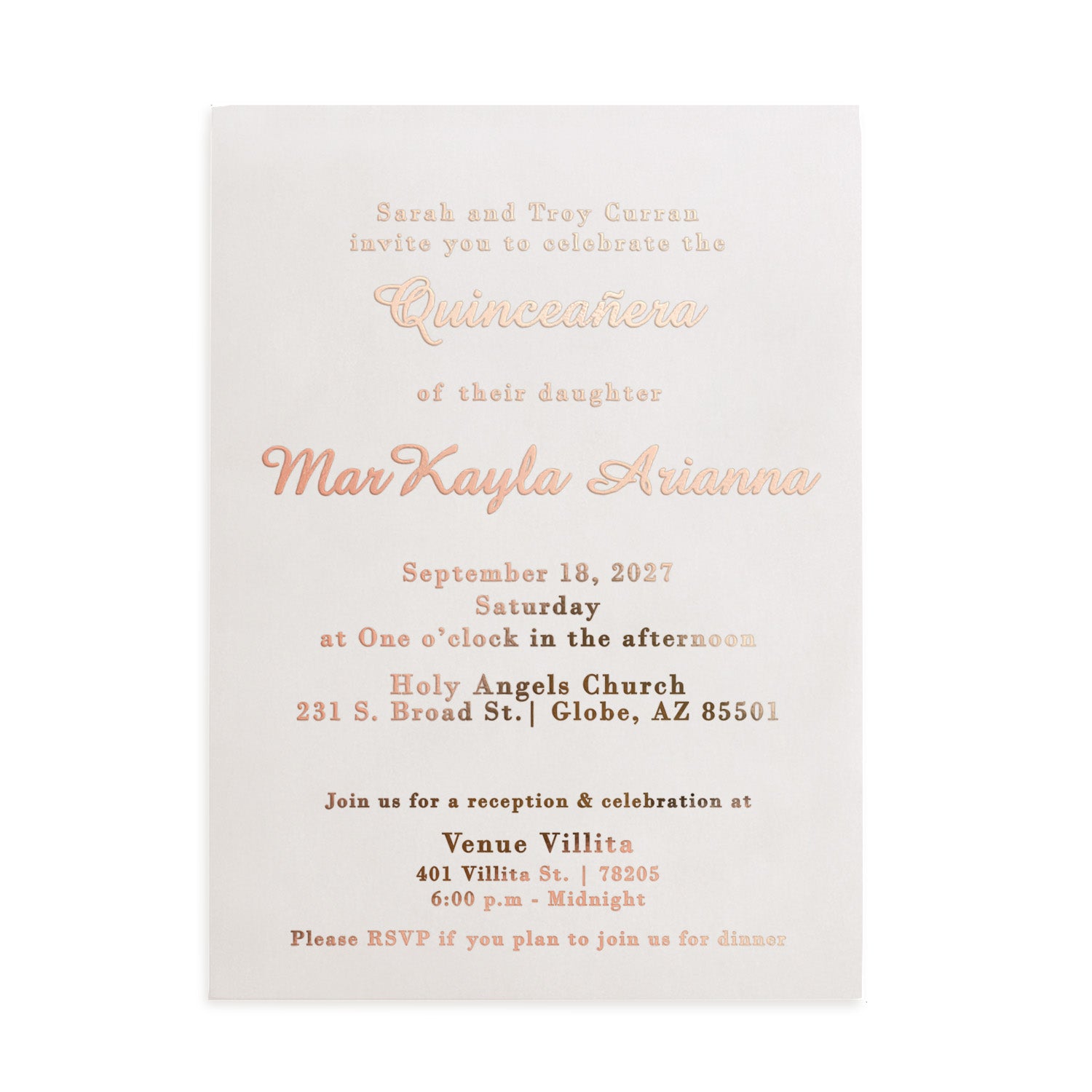 XOXOKristen rose gold foil quinceañera invitation on translucent vellum cardstock, placed on textured stone with soft afternoon sunlight and dried wildflowers. The rose gold lettering gleams warmly against the frosted surface, making it ideal for romantic, blush, or pastel 15th birthday color palettes. A luxurious choice for stylish quinceañera stationery photography.