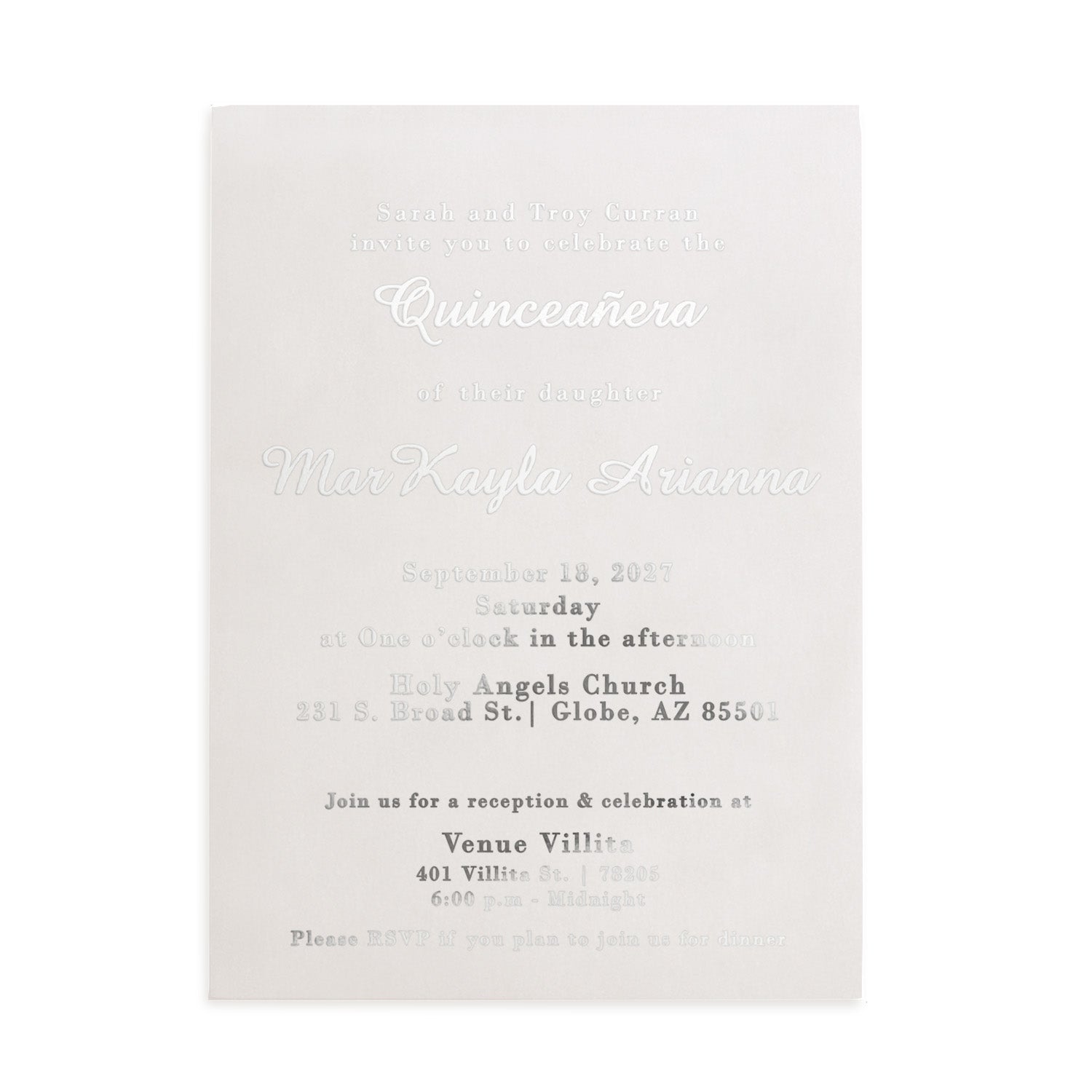 XOXOKristen quinceañera invitation made of frosted vellum cardstock with elegant silver foil text, offering a sleek and contemporary design. The clean layout and reflective foil highlight a minimalist yet festive aesthetic, suitable for modern 15th birthday parties, winter themes, or silver-toned décor celebrations.