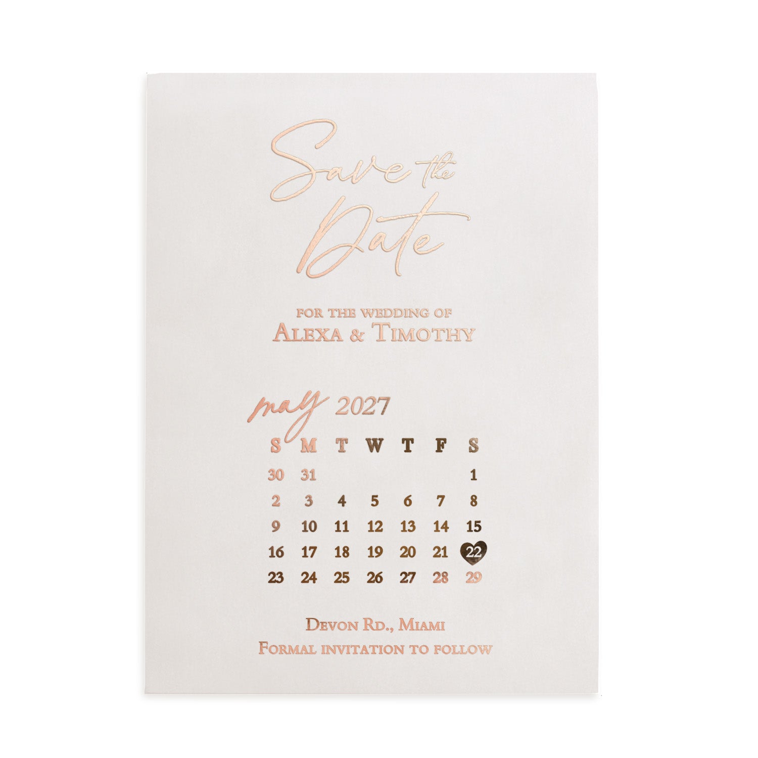 Personalized vellum Save the Date featuring rose gold foil printing on translucent frosted paper, with modern calendar layout and minimalist typography, perfect for romantic and contemporary weddings – XOXOKristen