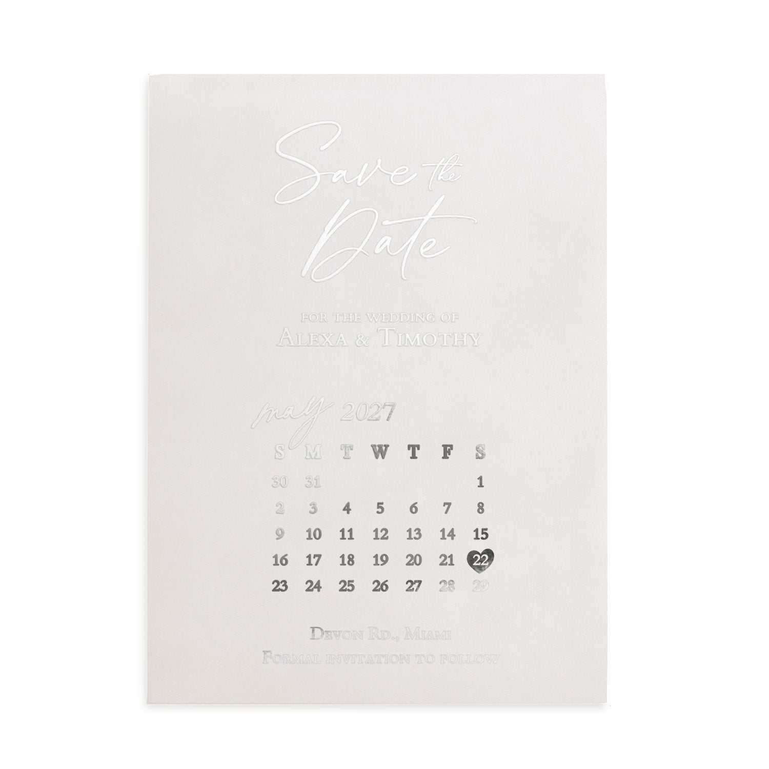 Elegant vellum Save the Date invitation printed in reflective silver foil, featuring a calendar design and delicate mix of serif and cursive lettering on translucent frosted paper for timeless luxury stationery – XOXOKristen