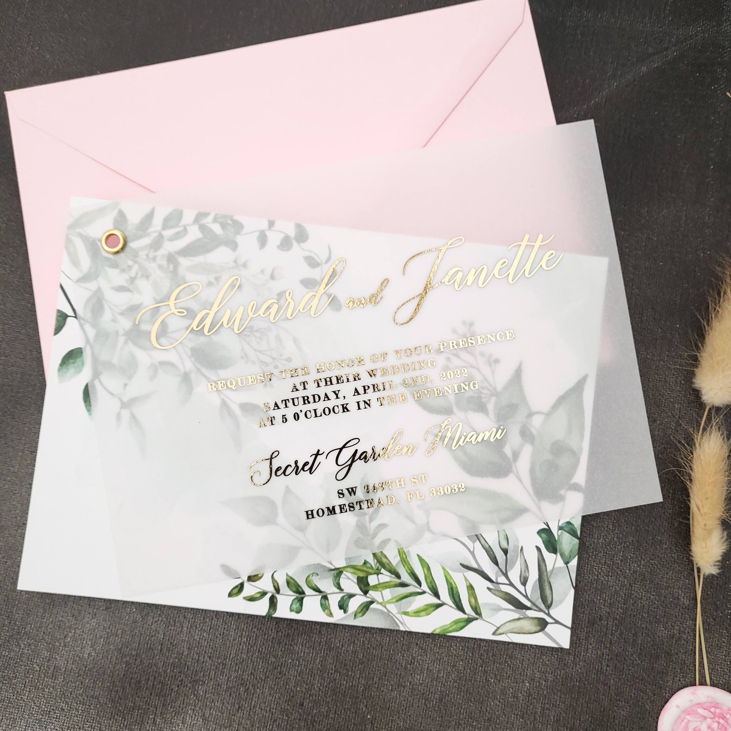 Vellum Wedding Invitation with Gold Foil Print - Elegant and Luxurious Design with Greenery Accents