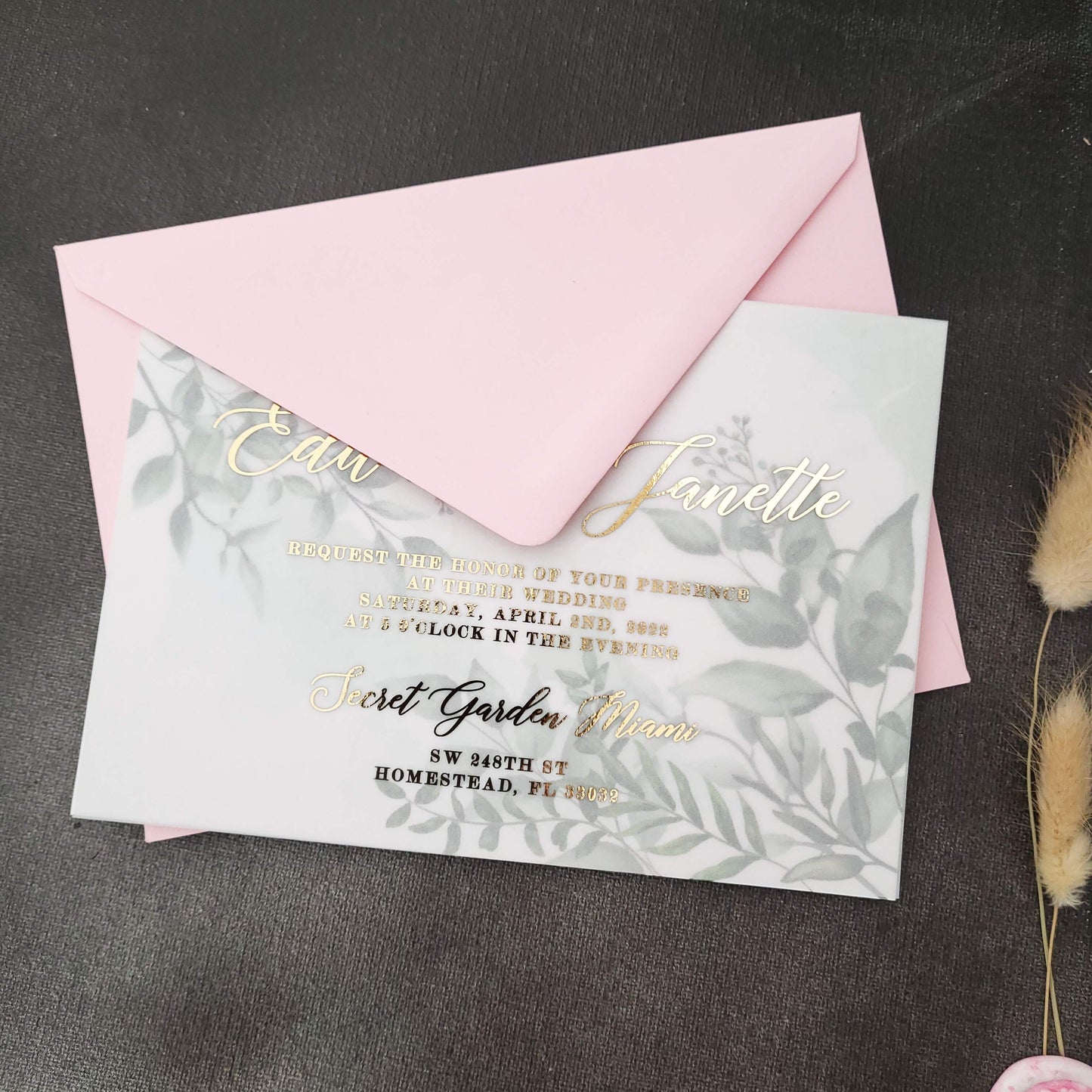 Vellum Wedding Invitation with Gold Foil Print - Elegant and Luxurious Design with Greenery Accents