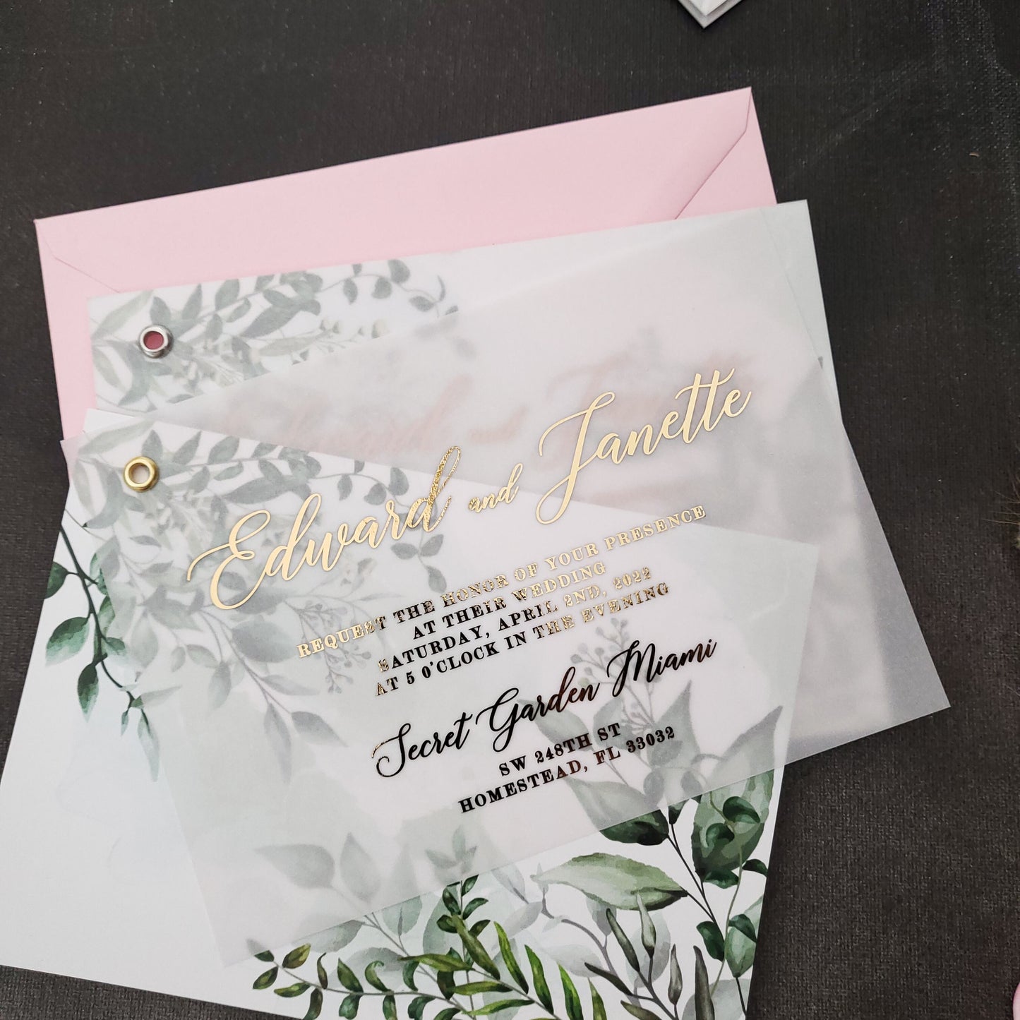 Vellum Wedding Invitation with Gold Foil Print - Elegant and Luxurious Design with Greenery Accents