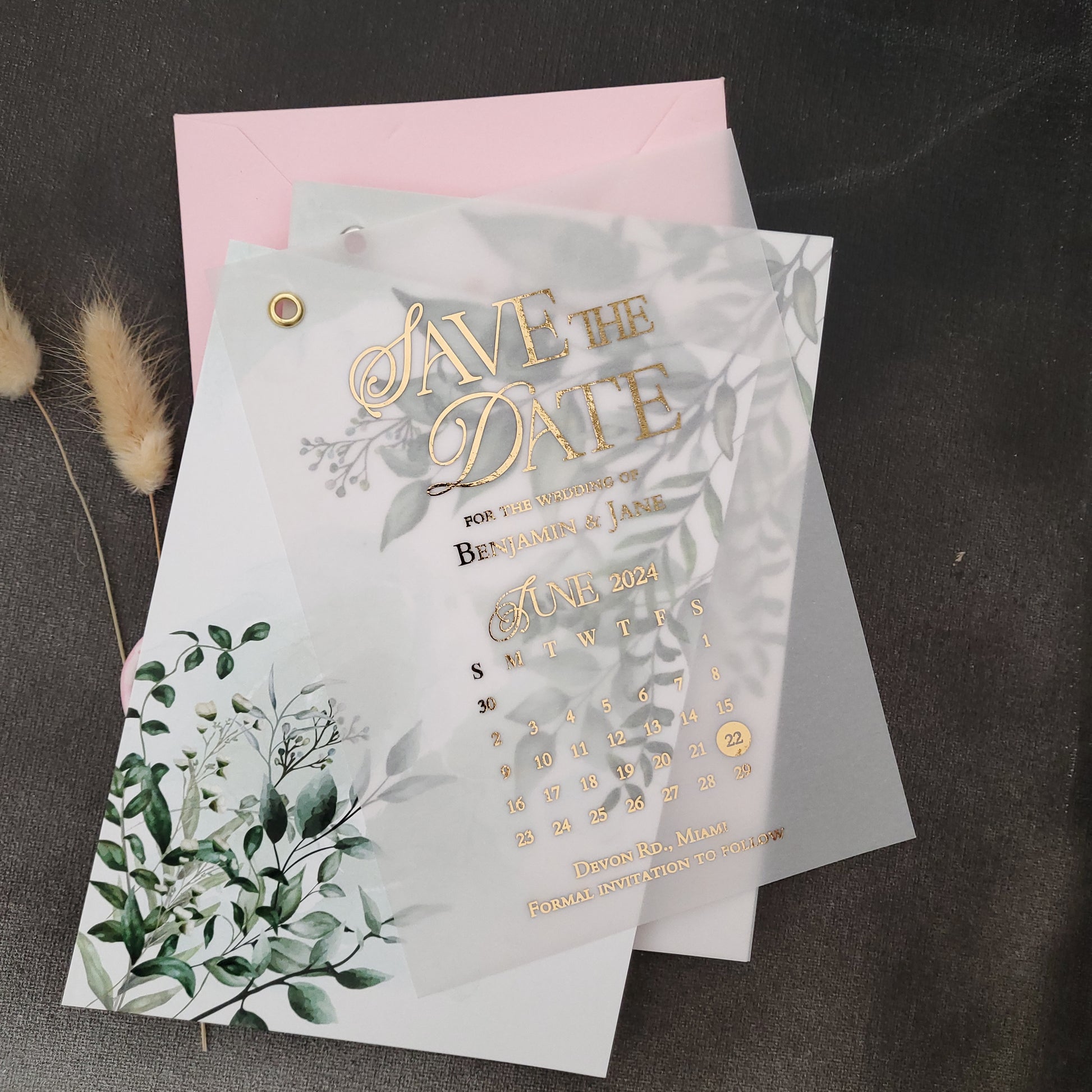 gold foiled wedding invitation with greenery design - XOXOKristen