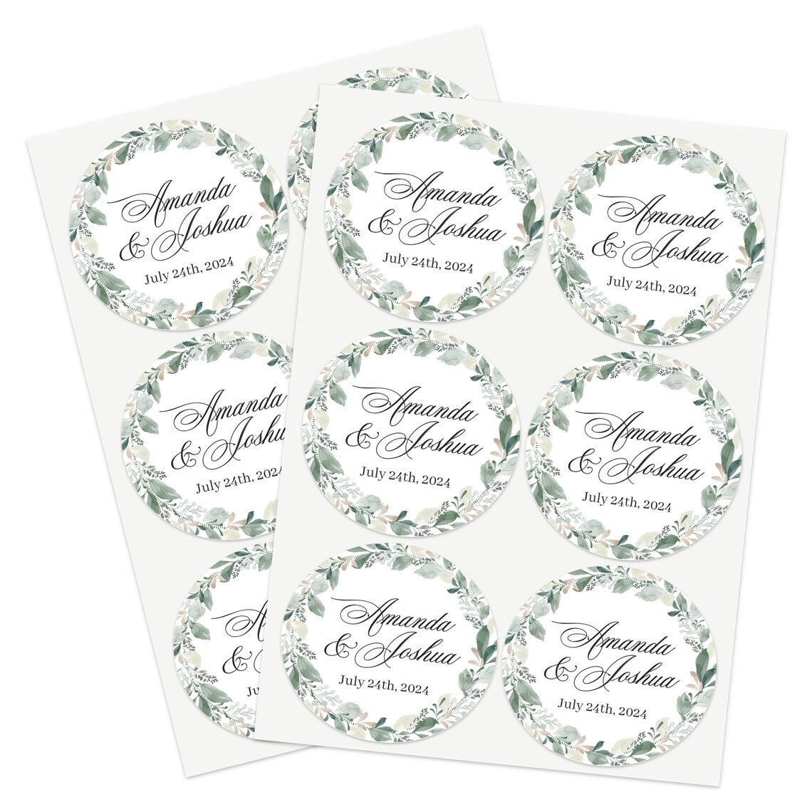 Elegant wedding sticker with genery wreath, personalized with names and wedding date.