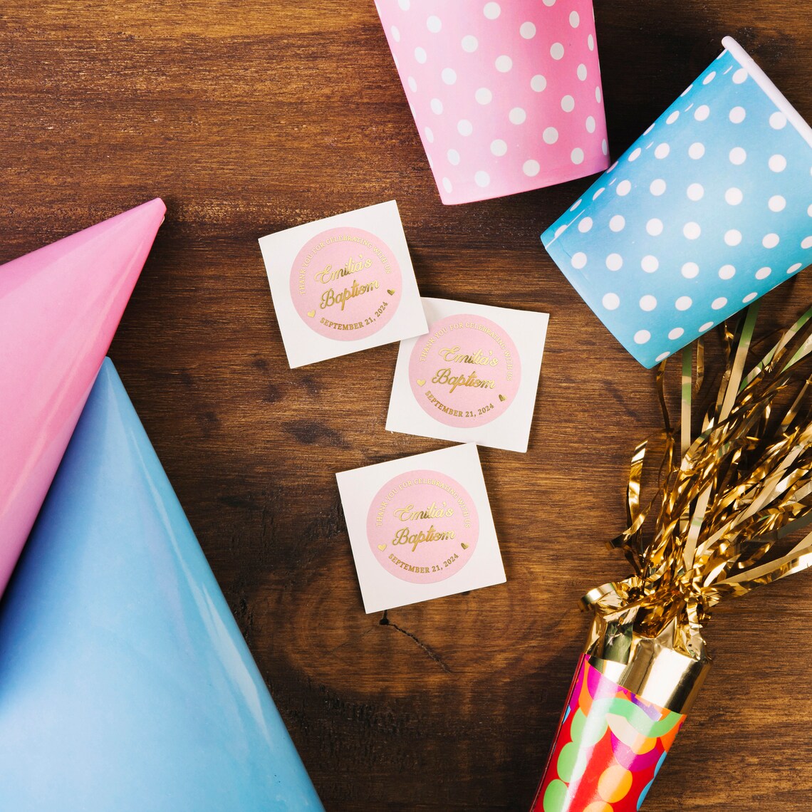 personalized pink and gold baptism stickers with named and date, and text reading Thank you for celebrating with us.