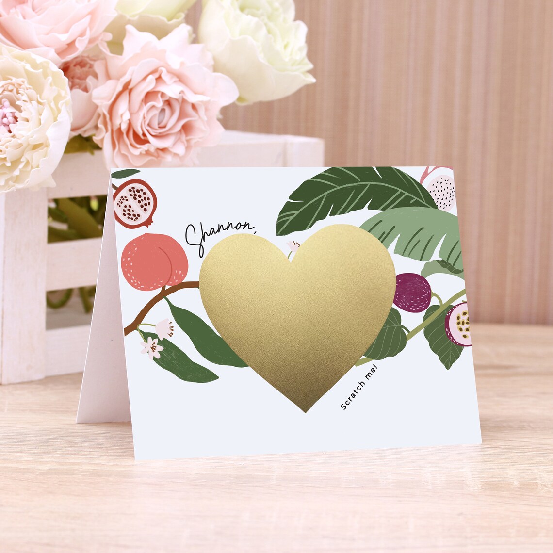personalized bridesmaid proposal card with custom name, tropical design and gold foiled scratch off heart.