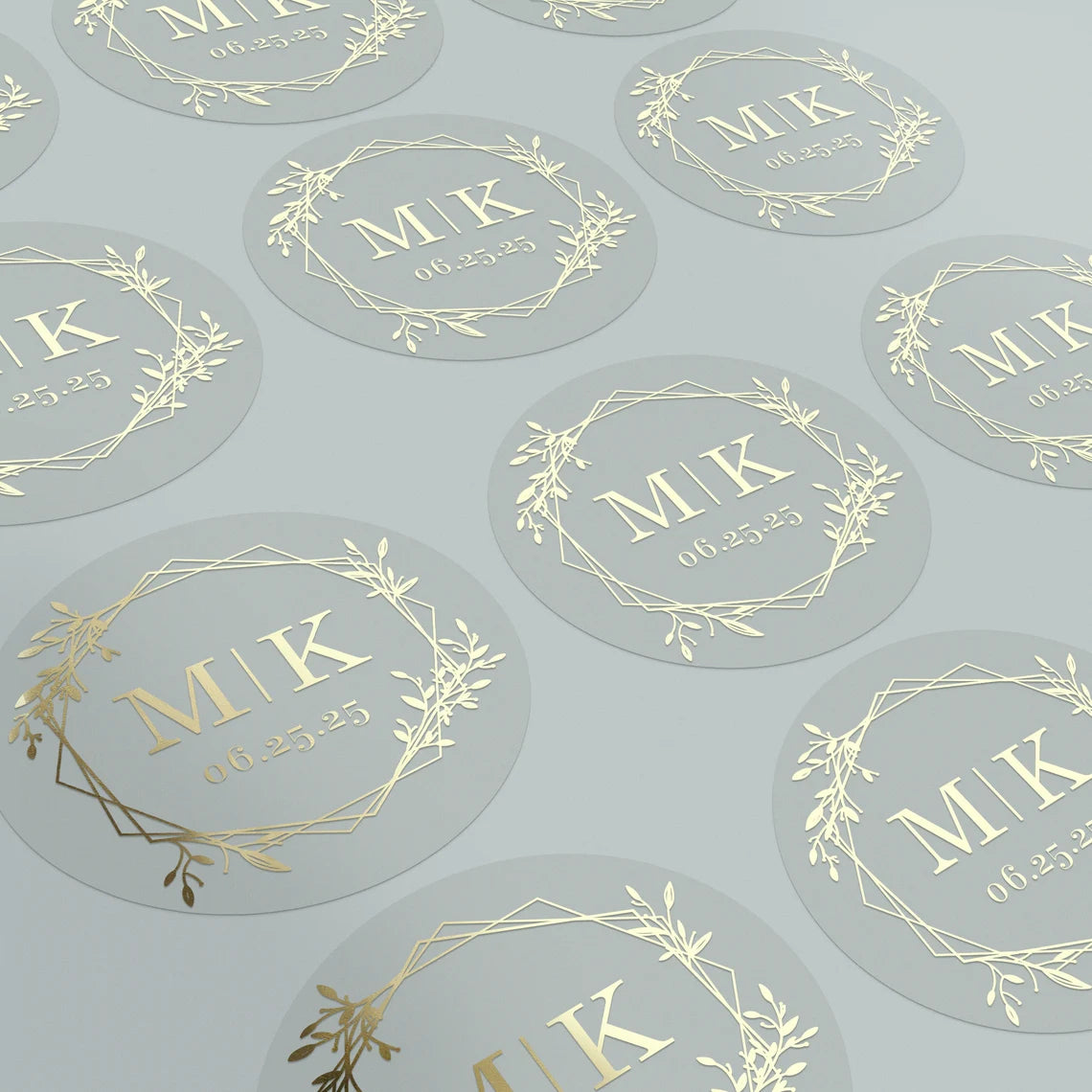 Minimalistic personalized wedding sticker with monograms, date, and floral frame on clear background