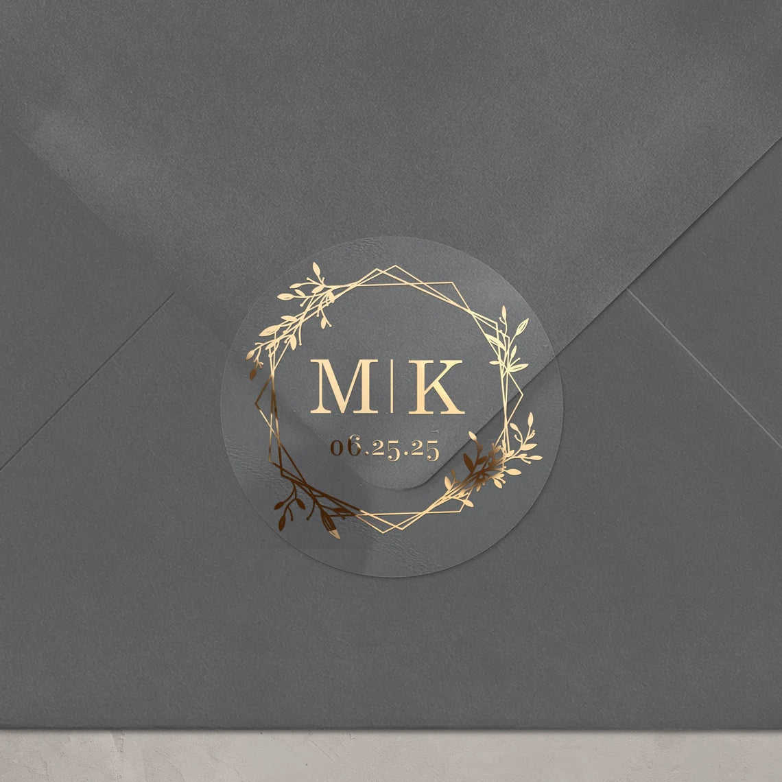 Minimalistic personalized wedding sticker with monograms, date, and floral frame on clear background