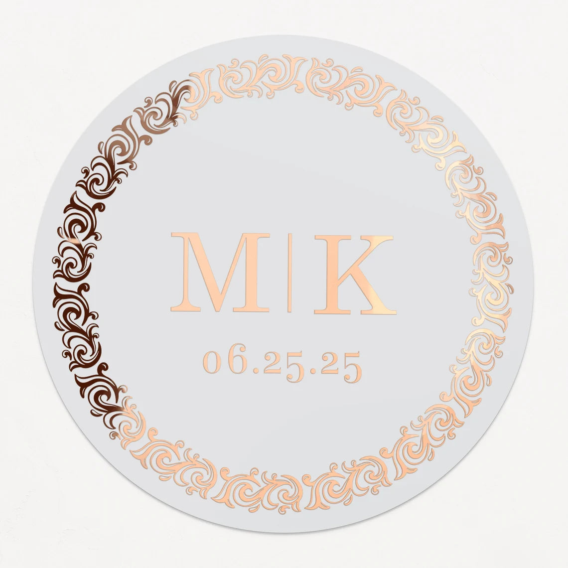 Personalized wedding sticker with monograms, date, and black ornate frame on clear background