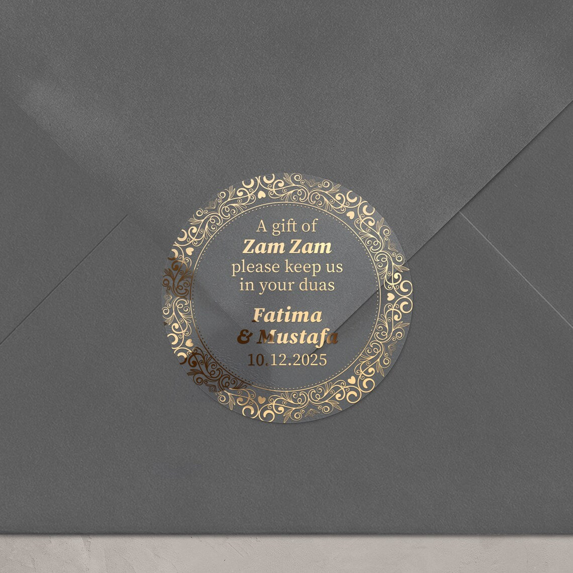 Personalized gold-foil Zam Zam water gift sticker with names and event date