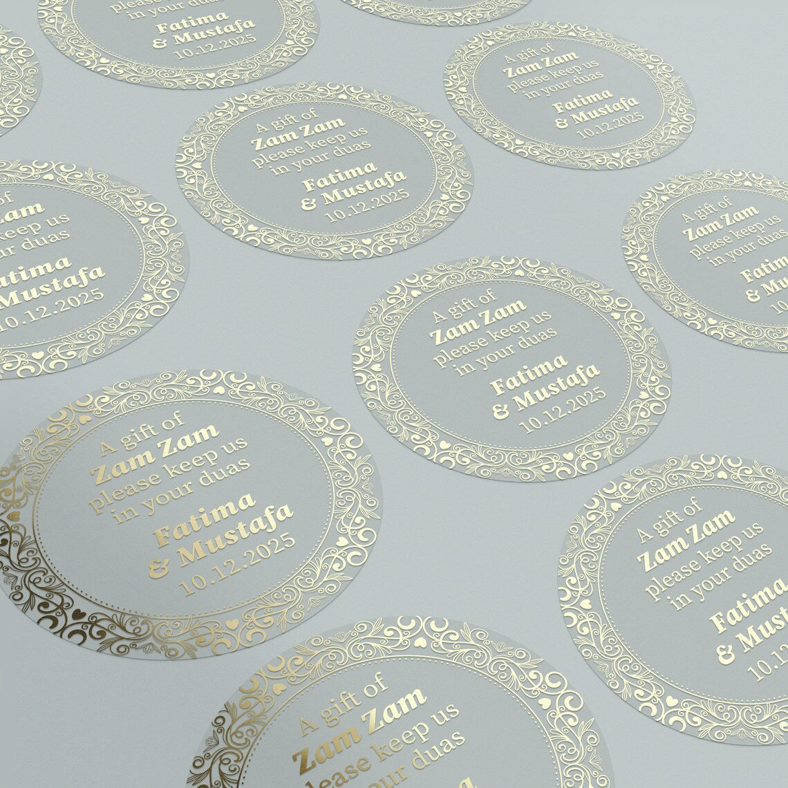 Personalized gold-foil Zam Zam water gift sticker with names and event date