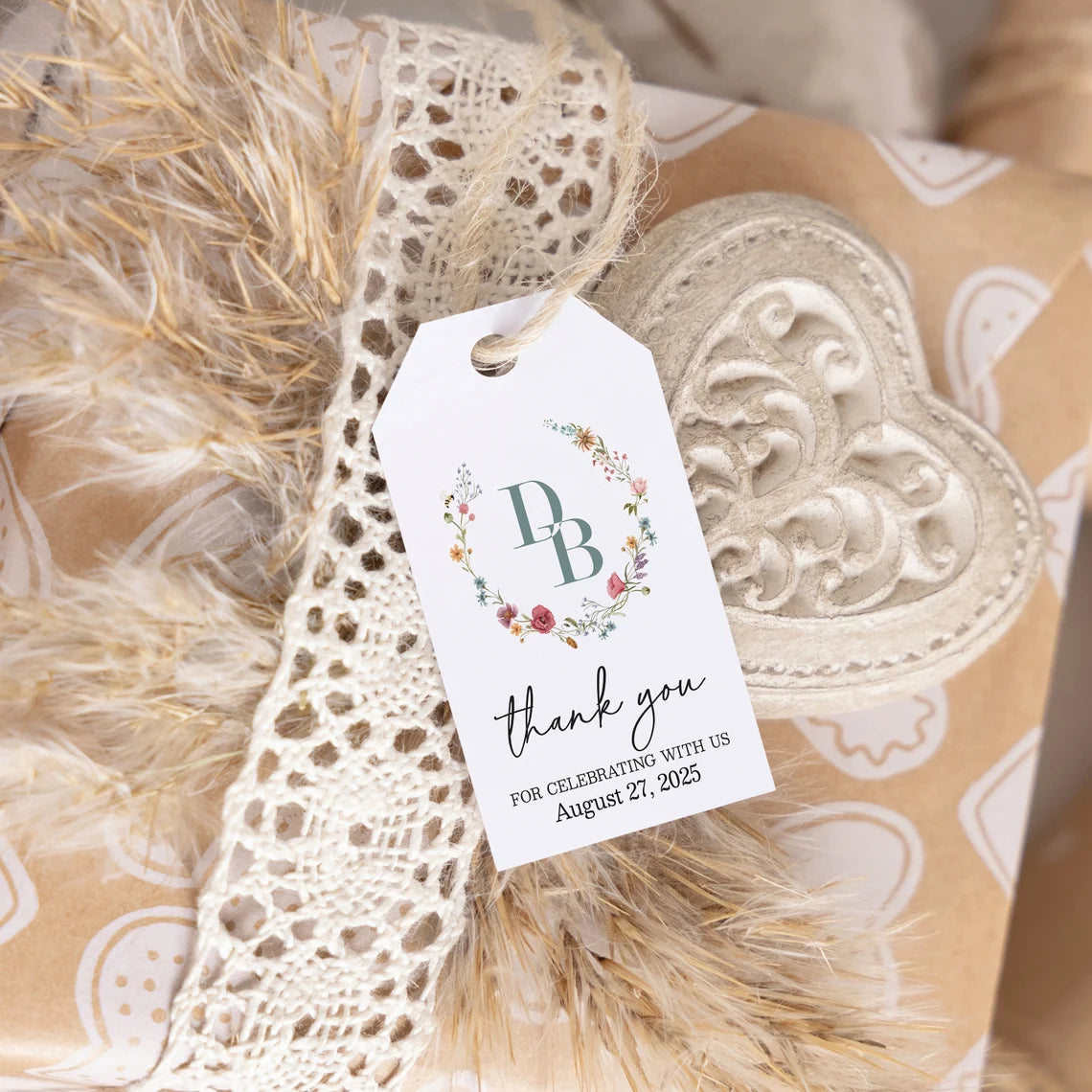 Elegant personalized monogram wedding favor tags with watercolor wildflowers wreath.