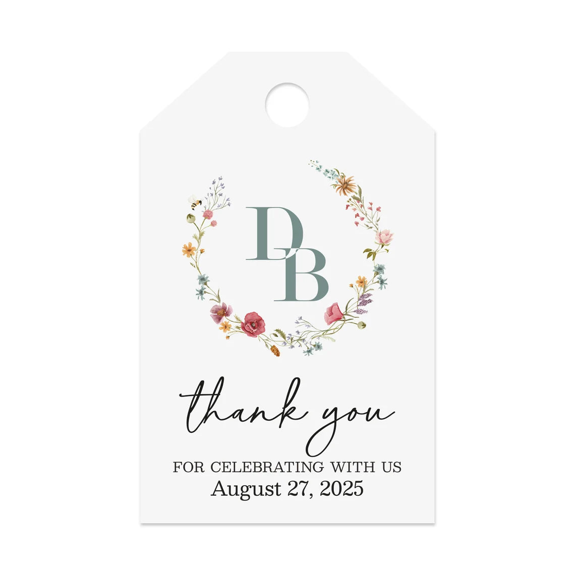 Elegant personalized monogram wedding favor tags with watercolor wildflowers wreath.