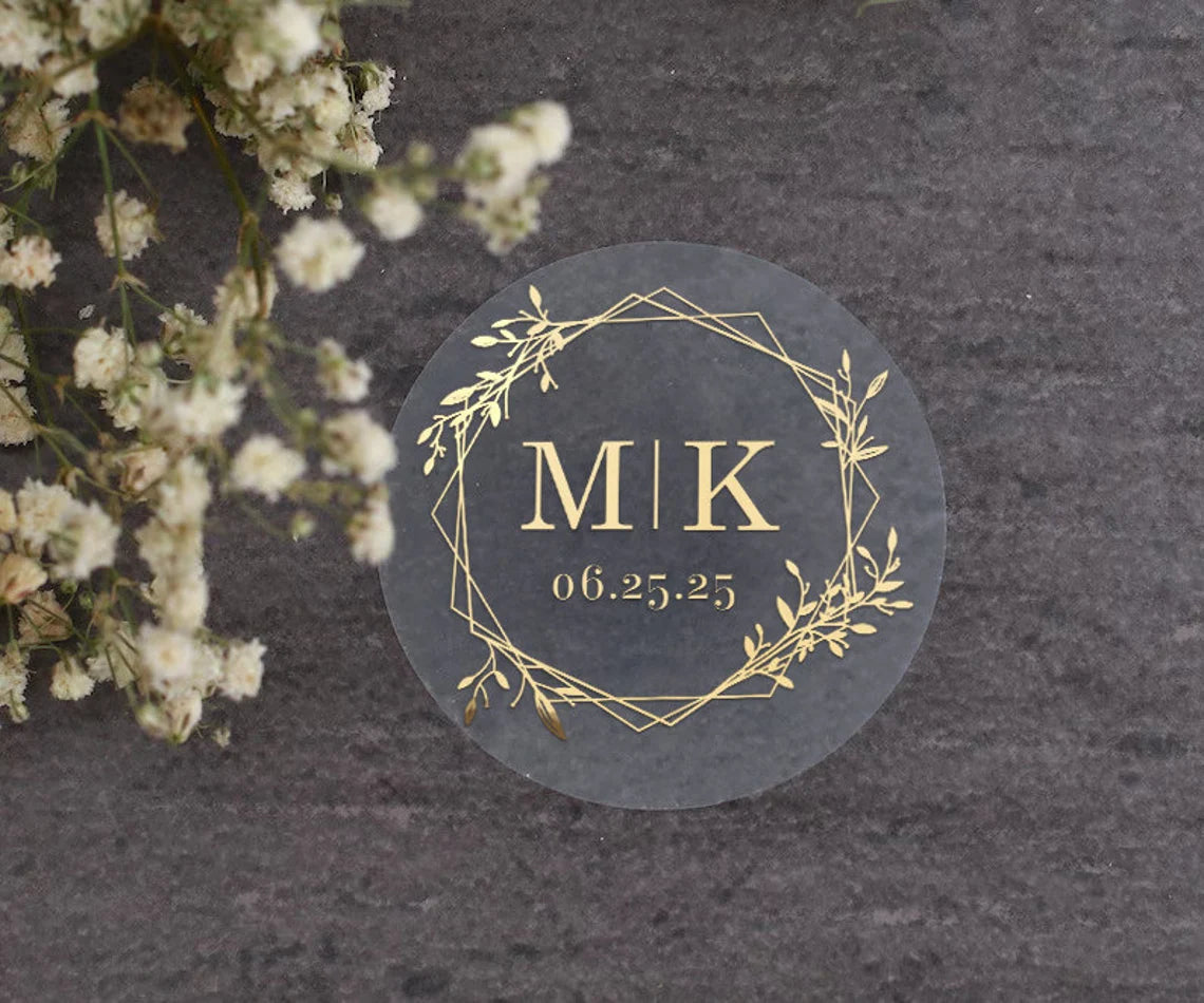 Minimalistic personalized wedding sticker with monograms, date, and floral frame on clear background