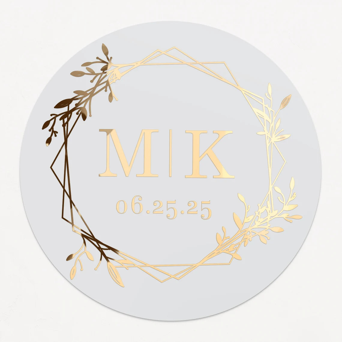 Minimalistic personalized wedding sticker with monograms, date, and floral frame on clear background