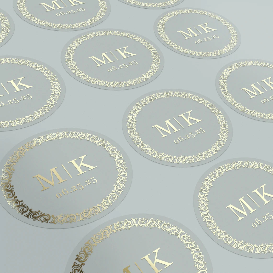 Personalized wedding sticker with monograms, date, and black ornate frame on clear background