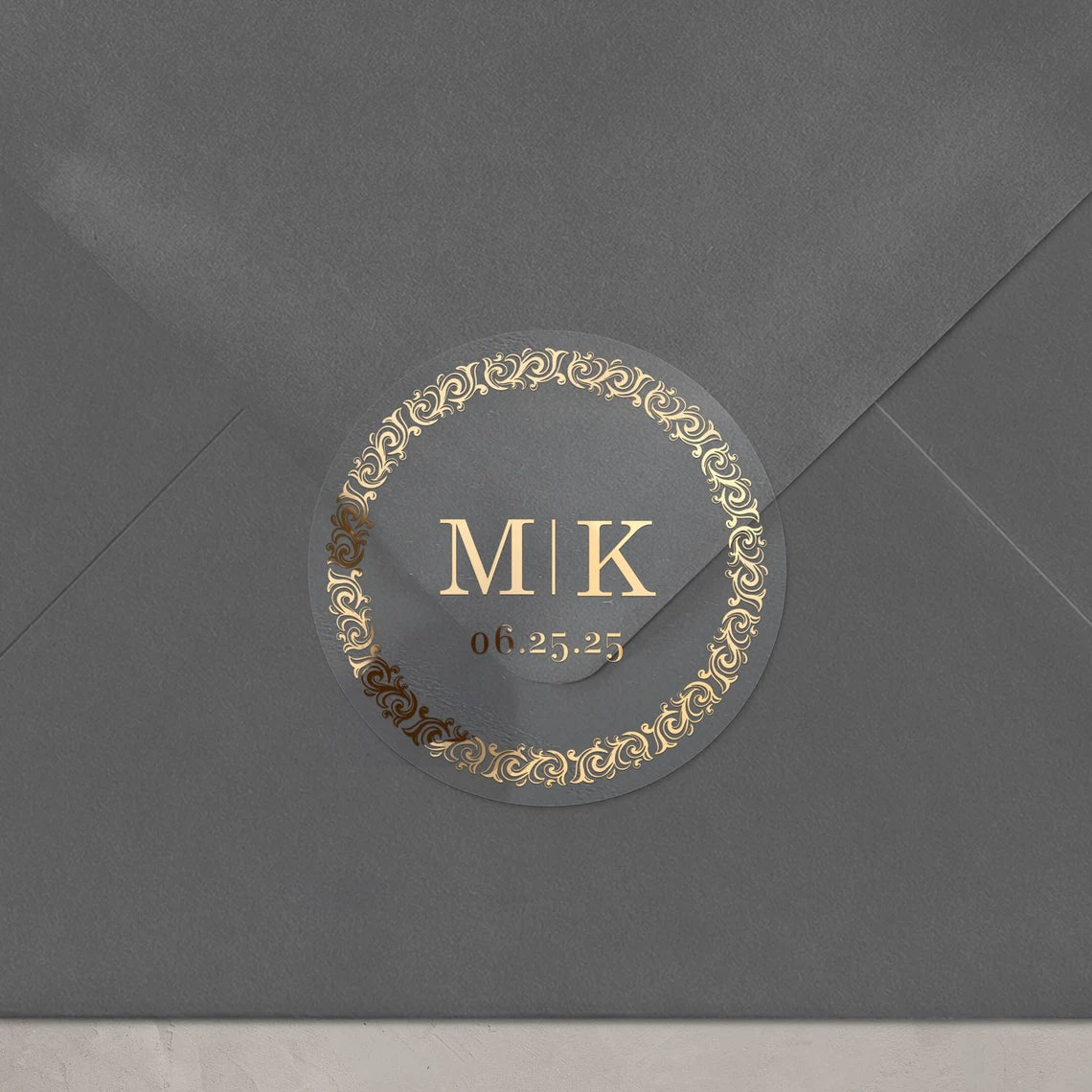 Personalized wedding sticker with monograms, date, and black ornate frame on clear background