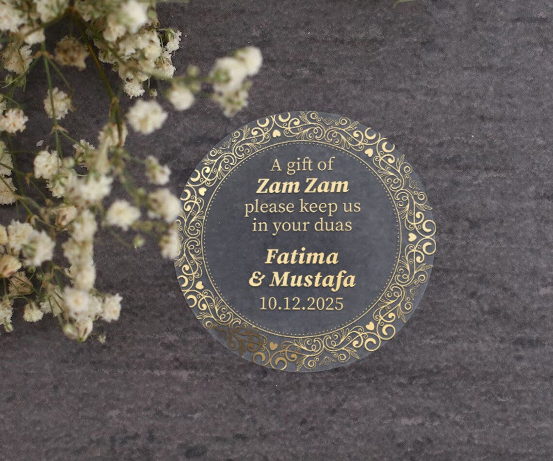 Personalized gold-foil Zam Zam water gift sticker with names and event date