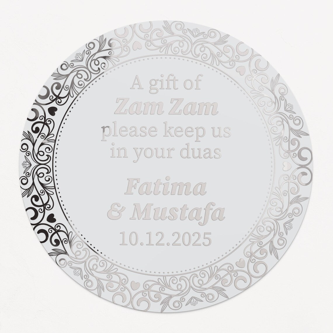 Personalized gold-foil Zam Zam water gift sticker with names and event date